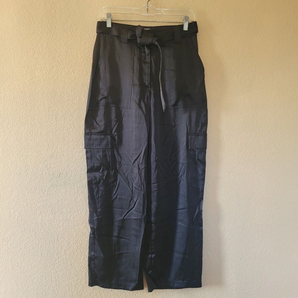 Abercrombie & Fitch High Rise Black Wide Leg Cargo Pants 27 Belted Sloane Satin